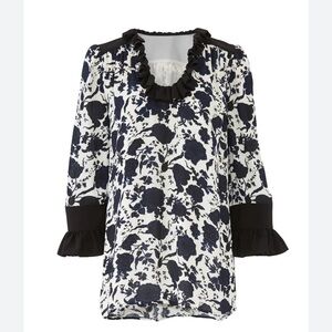 Tory Burch Floral Viscose and Silk Inky‎ Blooms navy white Ruffle Blouse M